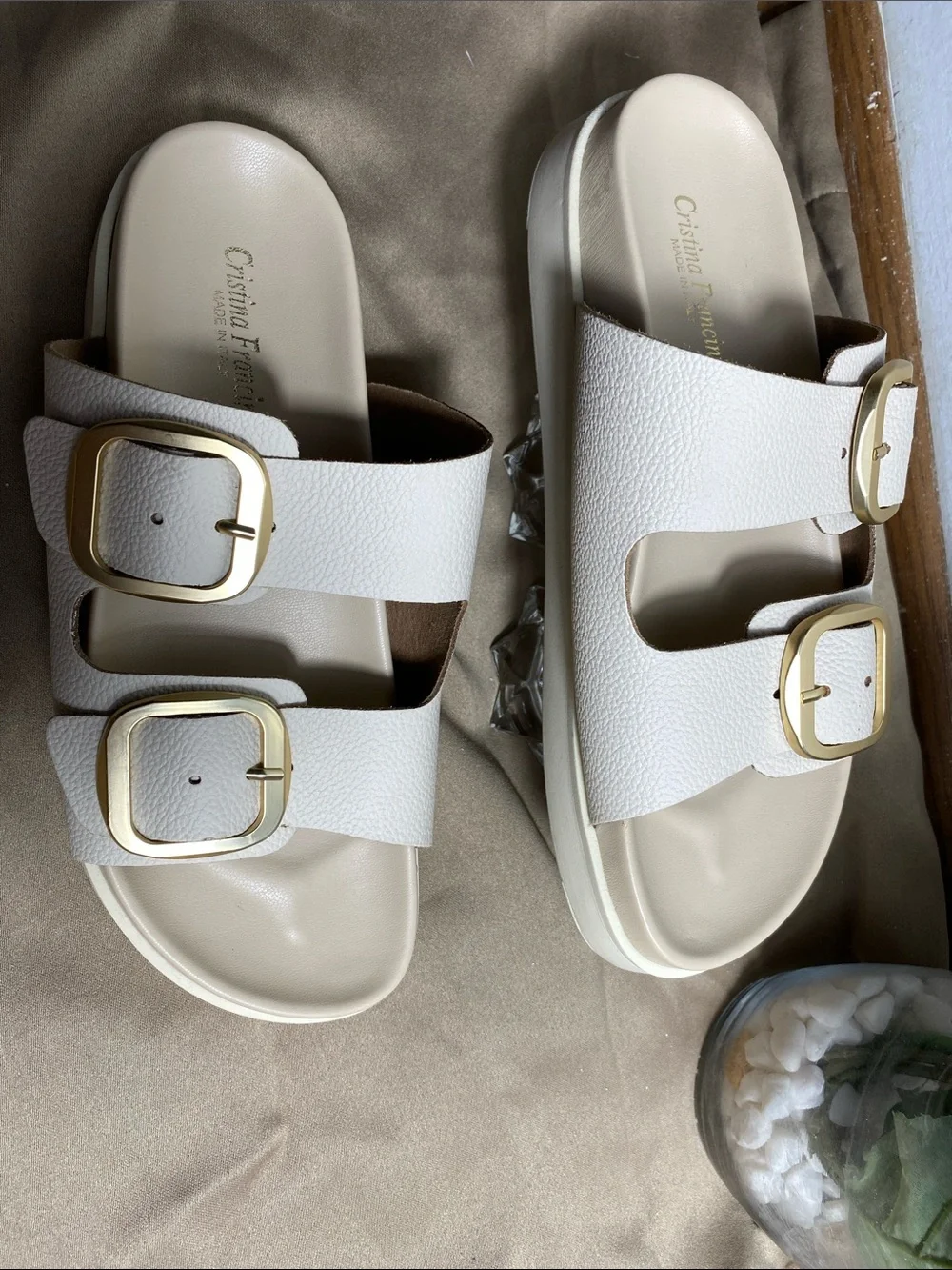 Cristina Francini White Leather Double Buckle Slide Sandals Size 7.5